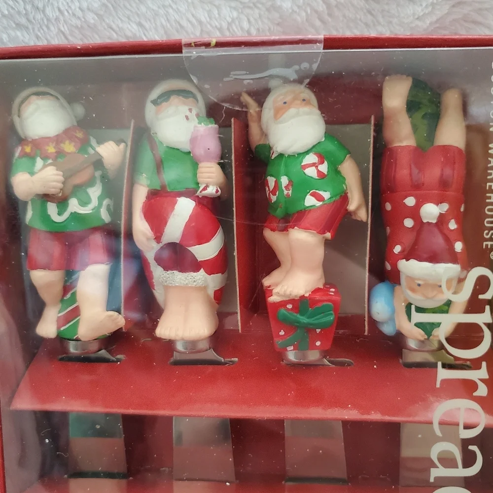 NIB Vintage Boston Warehouse Tropical Santa Holiday Spreaders Set of 4